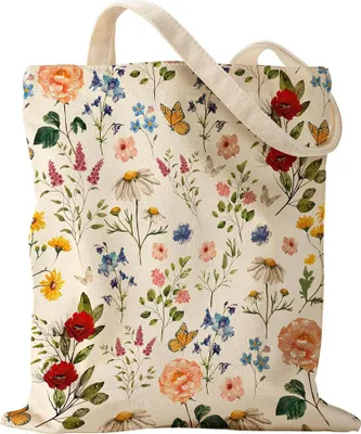 Produktbild von Baumwolltasche mit Blumenmuster, 35 × 38 cm – umweltfreundliche Einkaufstasche