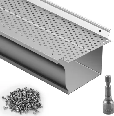 Image de SucceBuy Protection de gouttière, 5 pouces de large, couverture de filtre à feuilles en aluminium DIY, 13 pcs, 52 pieds de longueur totale, 0,157 pouces de diamètre de trou & 0,02 pouces d'épaisseur, s'adapte à tout type de toit/gouttière