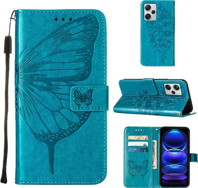Produktbild von Lederhülle für Xiaomi Redmi Note 12 Pro+ Schmetterling Prägung Flip Ledertasche Kartenfächer Handyhülle mit Ständer Blau