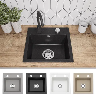 Produktbild von Faizee Home | Compact Granitspüle Schwarz 41 x 44 cm – Einbauspüle aus Granit für moderne Küchen | 170 mm Tiefe | Spülbecken für Unterschrank