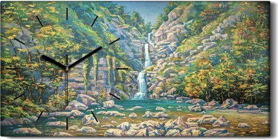 Produktbild von Wandkunst Leinwand Bild Uhr Geräuschlos 60x30 Gemälde Wasserfall Bäume Wasser - schwarze Hände
