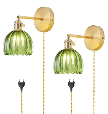 Wandleuchte mit Stecker, 2 Stück, Vintage, grün, Glas, 180° verstellbar