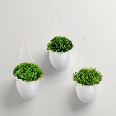 Produktbild von Unyqoos® 3er-Set künstliche Hängepflanzen in weißen Keramik-Wandvasen, 18 cm, inkl. Nägel zum Aufhängen