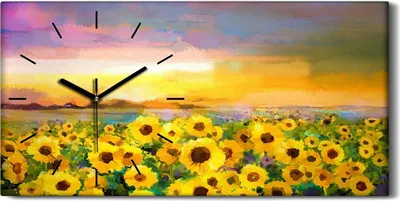 Produktbild von Wanduhr Bürouhr Leinwand Bild 60x30 Gemälde Wiesen Blumen Sonnenuntergang Kunst - schwarze Hände