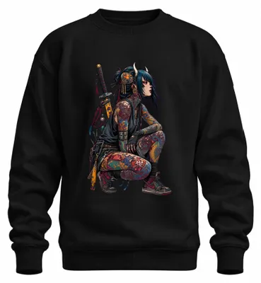 Zdjęcie produktu dla Bluza z kapturem "Samurai Girl Katana Hörner Tattoo Japan Y2K Cyberpunk", czarna, rozmiar L