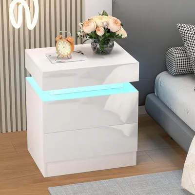 Produktbild von Nachttisch mit LED & Ladefunktion,Hochglanz Nachtschrank Beistelltisch,Versteckter Stauraum Oben,Nachtkommode Sofatisch  für Schlafzimmer 45x35x52cm