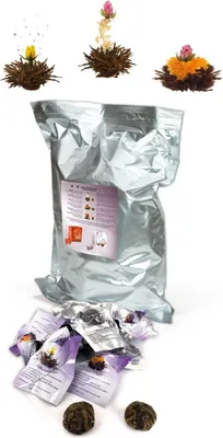 Produktbild von Creano Teeblumen 36 Teekugeln Schwarzer Tee Großpackung, Erblühtee im Bulkpack, Teerosen, Blooming Tea, Flowering Tea