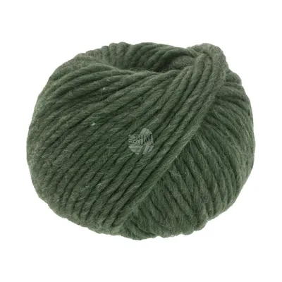 A ball of green yarn on a white background.