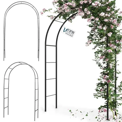 A collage of garden arches, one of which is adorned with climbing roses.