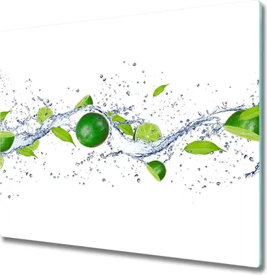 Produktbild von Glas Herdabdeckplatte 60x52 cm Spritzschutz Glasabdeckplatte Schneidebrett Limetten und Wasser