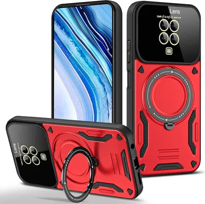 Produktbild von Rüstung Handyhülle für Xiaomi Redmi Note 9S/Note 9 Pro/Note 9 Pro Max Dual-Layer Ringhalter Ständer Hülle Rot