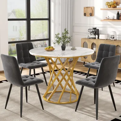 Image de Sweiko Ensemble de table de salle à manger (5 pièces), ensemble de table de salle à manger avec 4 chaises, ensemble de table de cuisine moderne, table de cuisine ronde de 80 cm de diamètre avec pieds en métal doré, plateau de table en MDF blanc, chaises de salle à manger en velours gris foncé