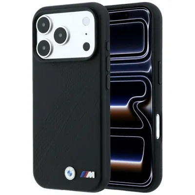 Immagine prodotto di Custodia BMW Tire-Track per iPhone 18 Pro, in ecopelle nera, con logo MagSafe in metallo