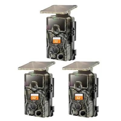 Image de 3 pièces 4K 48MP solaire caméra pour animaux sauvages avec carte de 32 Go 0,2 secondes de déclenchement caméra pour animaux sauvages avec vision nocturne détecteur de mouvement Pas de WLAN IP66