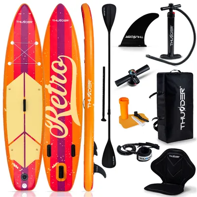 Produktbild von THUNDER® | RETRO 320 | Aufblasbares SUP-Board | 320×75×15 cm | Set mit Kajaksitz, Rucksack, Doppelhubpumpe, Paddel | 15 PSI | D-Ringe & Gepäcknetz