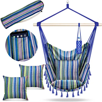 A striped hammock chair set with accessories, displayed against a white background.