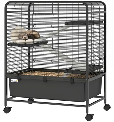 Imagen del producto de Jaula para conejos PawHut, de acero, con 4 niveles, plataformas, rampas, ruedas, depósito de agua y bandeja extraíble, color negro