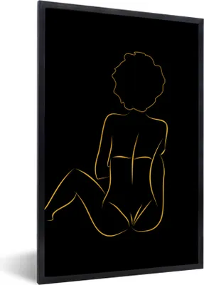 Produktbild von MuchoWow® Gerahmtes Poster Frau - Schwarz - Gold - Strichzeichnung 60x90 cm - Poster mit Schwarzem Bilderrahmen Wandposter Rahmen Foto Bilder - Kunst