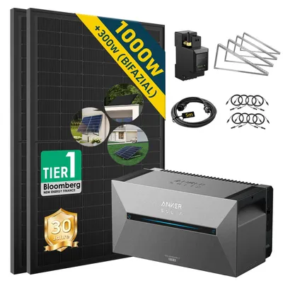 Produktbild von Balkonkraftwerk mit Speicher Anker Solix Solarbank 2 E1600 PRO, 1000W + Flachdach Halterung