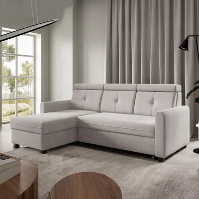 Produktbild von Ecksofa MILANO Beige, L-Form - mit Schlaffunktion, Bettkasten & Ottomane links