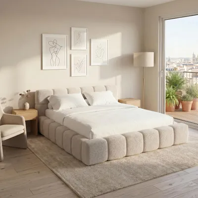 Produktbild von MUFFO Polsterbett AMITY 140x200 cm in Beige mit Matratze, gepolstertes Kopfteil, Lattenrost, Bettkasten, Bouclé-Stoff