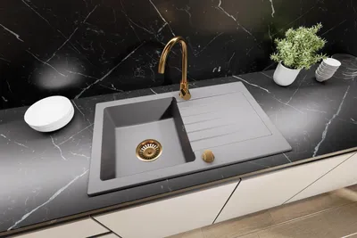 Produktbild von Granitspüle Küchenspüle mit Siphon und Armatur Gold Spülbecken Einbauspüle 76x44 Grau