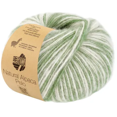 A ball of yarn with green and white stripes.
