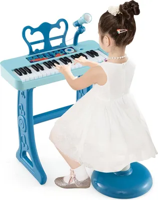 Produktbild von Kinder Keyboard, 37 Tasten E-Piano mit Notenständer & Mikrofon & Hocker, Klavier Spielzeug für Kinder ab 3 Jahren, Belastbar bis 50kg (Blau)