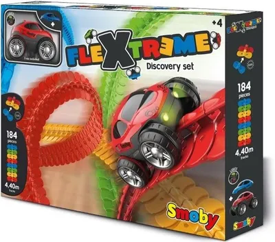 Produktbild von Smoby FleXtreme Starter-Set Autorennbahn - 184 bunte Schienen Elemente + 1 Rennauto