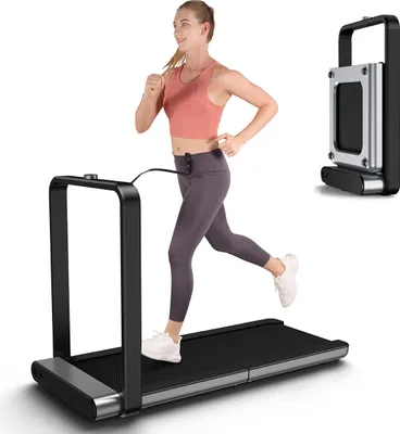 A woman is running on a treadmill in a studio setting.