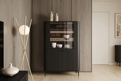 Zdjęcie produktu dla Witryna Vesper Do Salonu Czarna Na Czarnych Nogach Nowoczesny Design