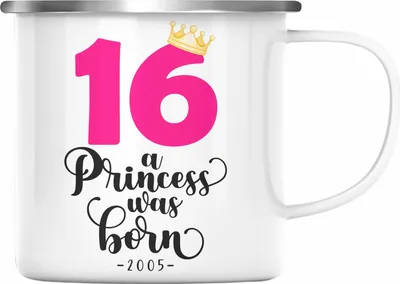 Produktbild von Trendation - 16. Geburtstag Mädchen Emaille Tasse Geschenk zum Sechtzehnten Geburtsagsparty Grafik Krone  16 Jahre Alt Teenager Prinzessin (Silber)