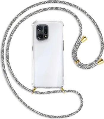 Produktbild von Handykette Backcover-Schutzhülle mit Band (Metall goldfarben) für Oppo Find X5 - weiß/grau kariert