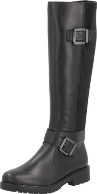 A black leather knee-high boot with a buckle detail.