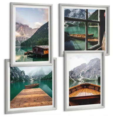 Produktbild von Bilder Set 4-teilig im silbergerahmten Rahmen – Wandbilder 4 Stück – gerahmte Poster für Wohnzimmer, Schlafzimmer und Flur – 50x50 cm - 40x60 cm – Berglandschaften, Ferienhäuser, Boote