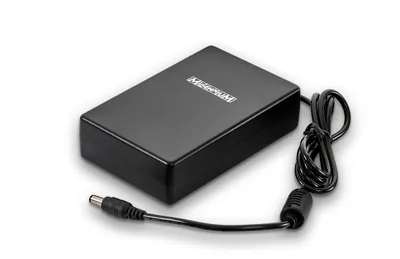A black power adapter with a cord and connector, isolated on a white background.