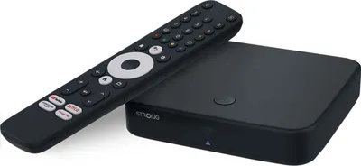 A black streaming device and its remote control are shown on a white background.