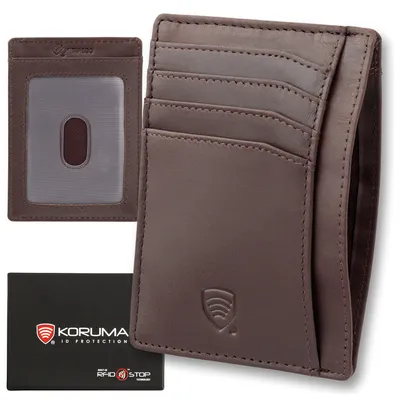 Produktbild von Flache Geldbörse Kartenetui, Premium Echtleder RFID-Blocker Slim Geldbeutel Kreditkartenetui mit ID-Fenster Tap&Go Braun / KORUMA®