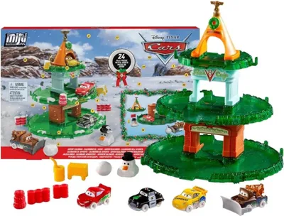 A Disney Pixar Cars themed advent calendar with a Christmas tree-like structure and toy cars.
