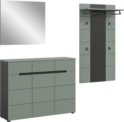 A set of hallway furniture including a cabinet, a mirror, and a coat rack, displayed against a white background.