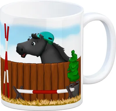 Produktbild von Kaffeebecher mit schwarzes Springpferd Motiv Kaffeetasse Tasse