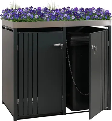 Produktbild von 2er-Mülltonnenverkleidung HWC-O67, Mülltonnenbox mit Pflanzkasten, Metall 125x132x84cm 55kg  anthrazit