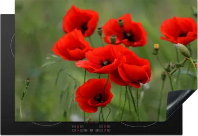 Produktbild von KitchenYeah© Herdabdeckplatte Blumen - Mohn - Rot , 76x51cm, Küche Deko, Glaskeramikkochfeld Herdabdeckung, Abdeckplatte fùr Kochfeld