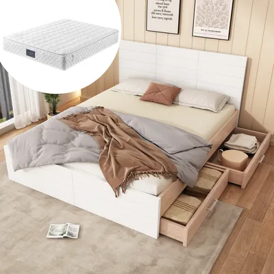 Produktbild von MODFU Doppelbett Holzbett Bettanlage 140×200cm mit 2 Schubladen, Stauraumbett Jugendbett mit Lattenrost(Mit Matratze),Eiche/Weiß