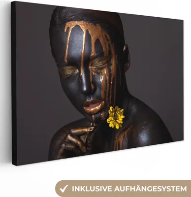 Produktbild von OneMillionCanvasses® - Leinwandbilder - 150x100 cm, Frau - Gold - Schwarz - Blume, Wandbilder Kunstdruck Wanddekoration