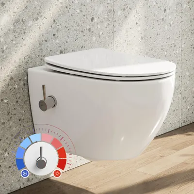 Produktbild von HOROW Dusch WC mit Bidet Funktion, Hänge WC mit Integrierter Düse, Taharet WC mit Armatur, WC Sitz mit Absenkautomatik, Kalt-/Warm Wasser, 53×36×35 cm