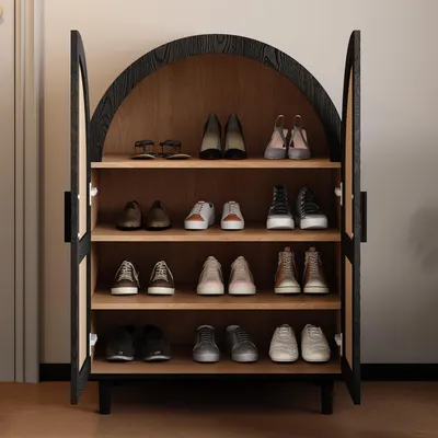 Produktbild von okwish Schuhschränke Schwarz mit breiter Krempe und zwei Türen,Sideboard Natürliche mit drei Regalen,Beistellschrank Schuhschrank mit durchbrochenen Rattantüren