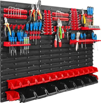 Image de Système de rangement Étagère d'atelier | 117 x 78 cm | 24 pièces Boîte | Étagère murale avec supports pour outils et bacs empilables - Panneaux muraux Étagère à bacs extra-robuste Panneau perforé pour outils Étagère de rangement Étagère de garage