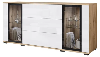 Image de Commode de 150 cm avec vitrine en verre et tiroirs, finition wotan/blanc brillant avec éclairage LED
