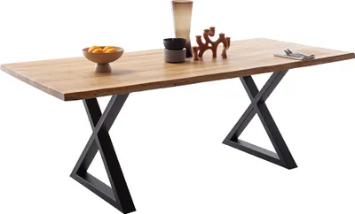 Produktbild von Massivholz-Esstisch 160x90 cm in Wildeiche massiv geölt mit X-Gestell und Baumkantenoptik - DEWEY-06